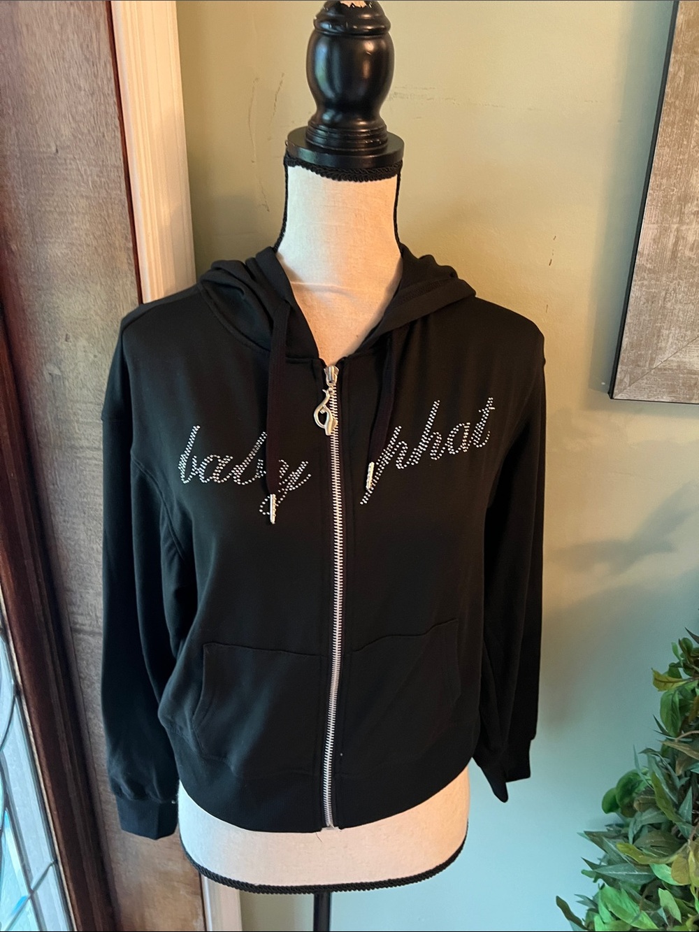 Baby Phat Black Rhinestone Script Zip-Up Hoodie